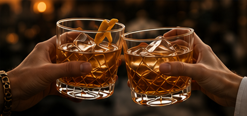 Two people toasting with premium rum glasses