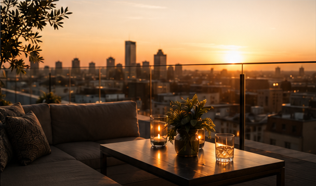 Luxury rooftop terrace at sunset